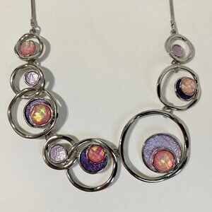 Equilibrium Necklace Purple Pink Crystal Stone Silver Metal Circles Snake Chain